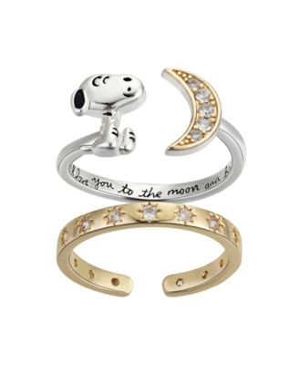 Photo 1 of SIZE 9 Two-Tone Crystal Snoopy "I Love You To The Moon Back" Adjustable Ring Duo, 2 Piece 
14K GOLD FLASH PLATED