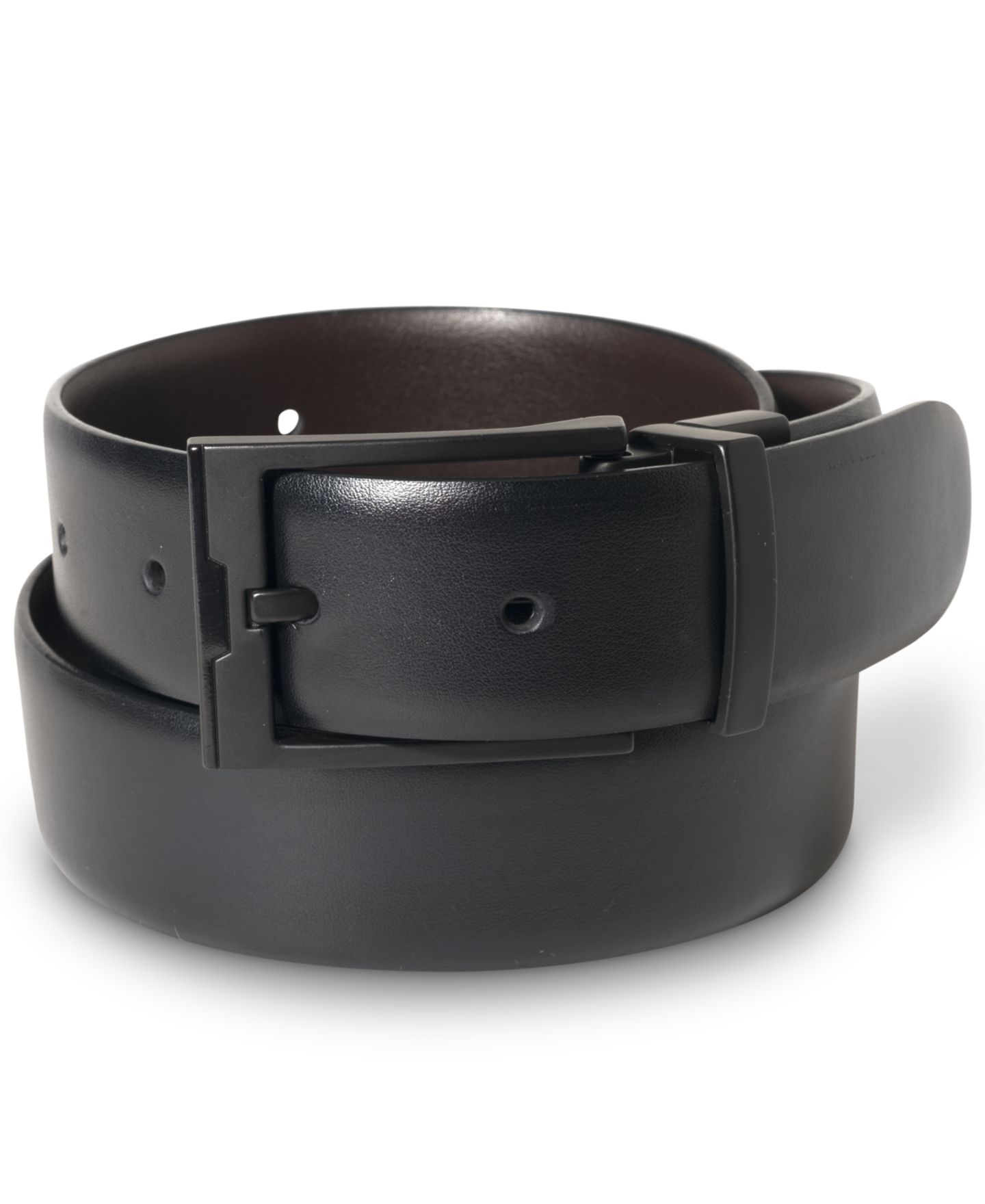 Мужской ремень Perry Ellis Portfolio Matte Black Reversible Buckle Leather Belt, цвет: Чёрный — фото 1