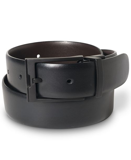 Perry Ellis Portfolio Men's Matte Black Reversible Buckle Leather Belt ...