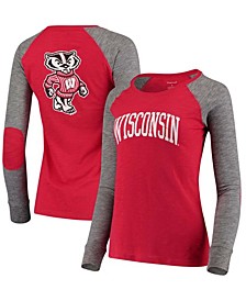Women's Red, Gray Wisconsin Badgers Preppy Elbow Patch 2-Hit Arch And Logo Long Sleeve T-shirt