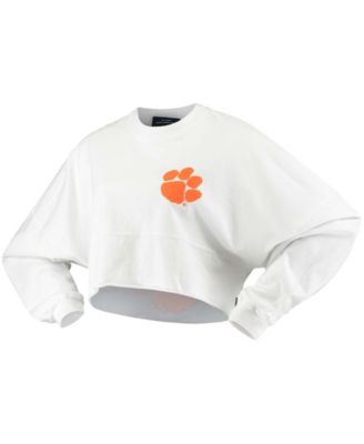 Women's White Clemson Tigers Raw Hem Cropped Long Sleeve T-shirt