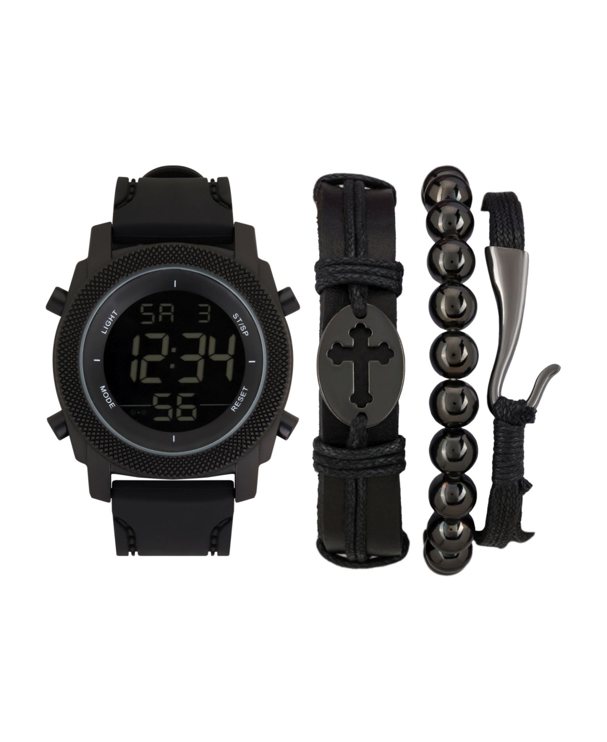 American Exchange Men's Quartz Digital Dial Black Silicone Strap Watch and Assorted Black Stackable Bracelets Gift Set, Set of 4