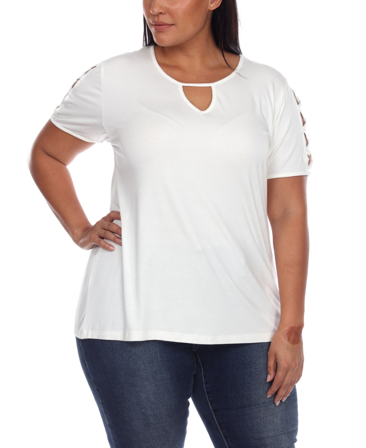 WHITE MARK PLUS SIZE KEYHOLE NECK CUTOUT SHORT SLEEVE TOP