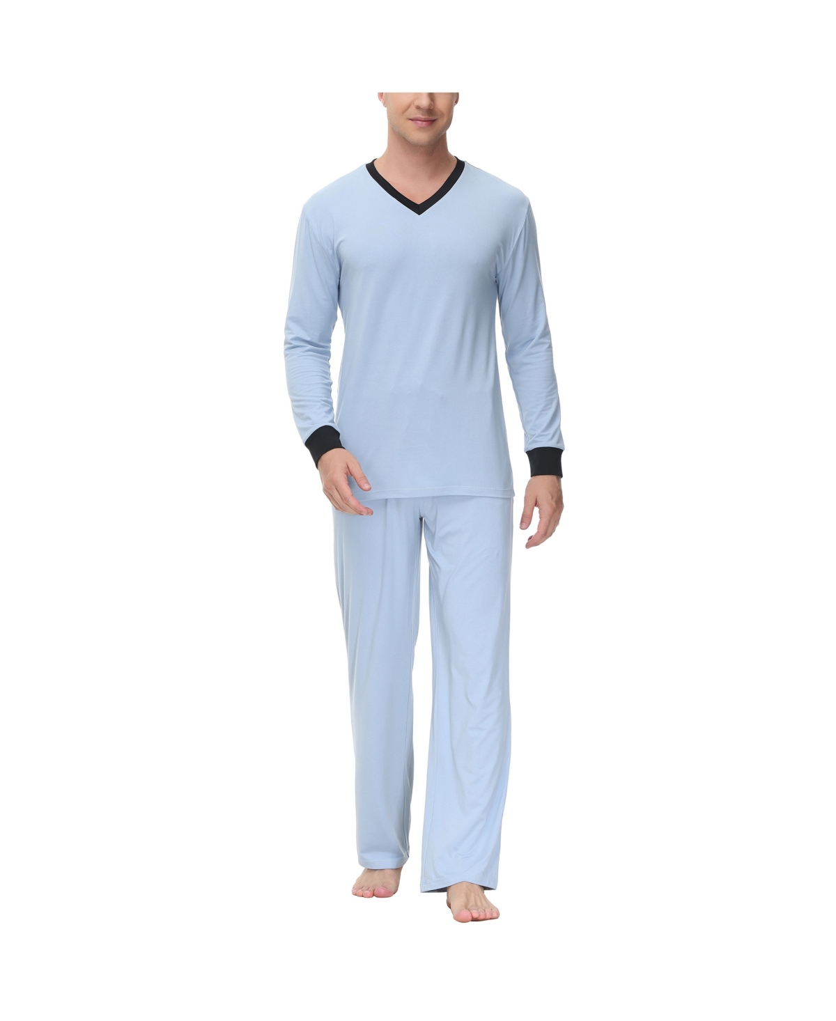 Men's Heat retaining Two Piece V-Neck & Lounge Pants Pajama Set - Light Blue