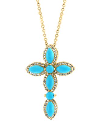 EFFY® Turquoise & Diamond (1/5 ct. tw.) Cross 18" Pendant Necklace in 14k Gold