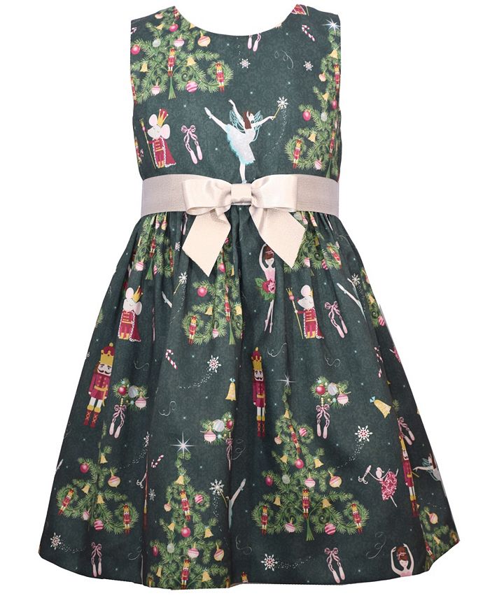 Bonnie Jean Little Girls Shantung Nutcracker Print Dress with Bow and