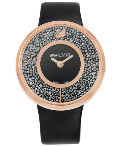 Swarovski Women's Swiss Crystalline Black Calfskin Leather Strap Watch 40mm