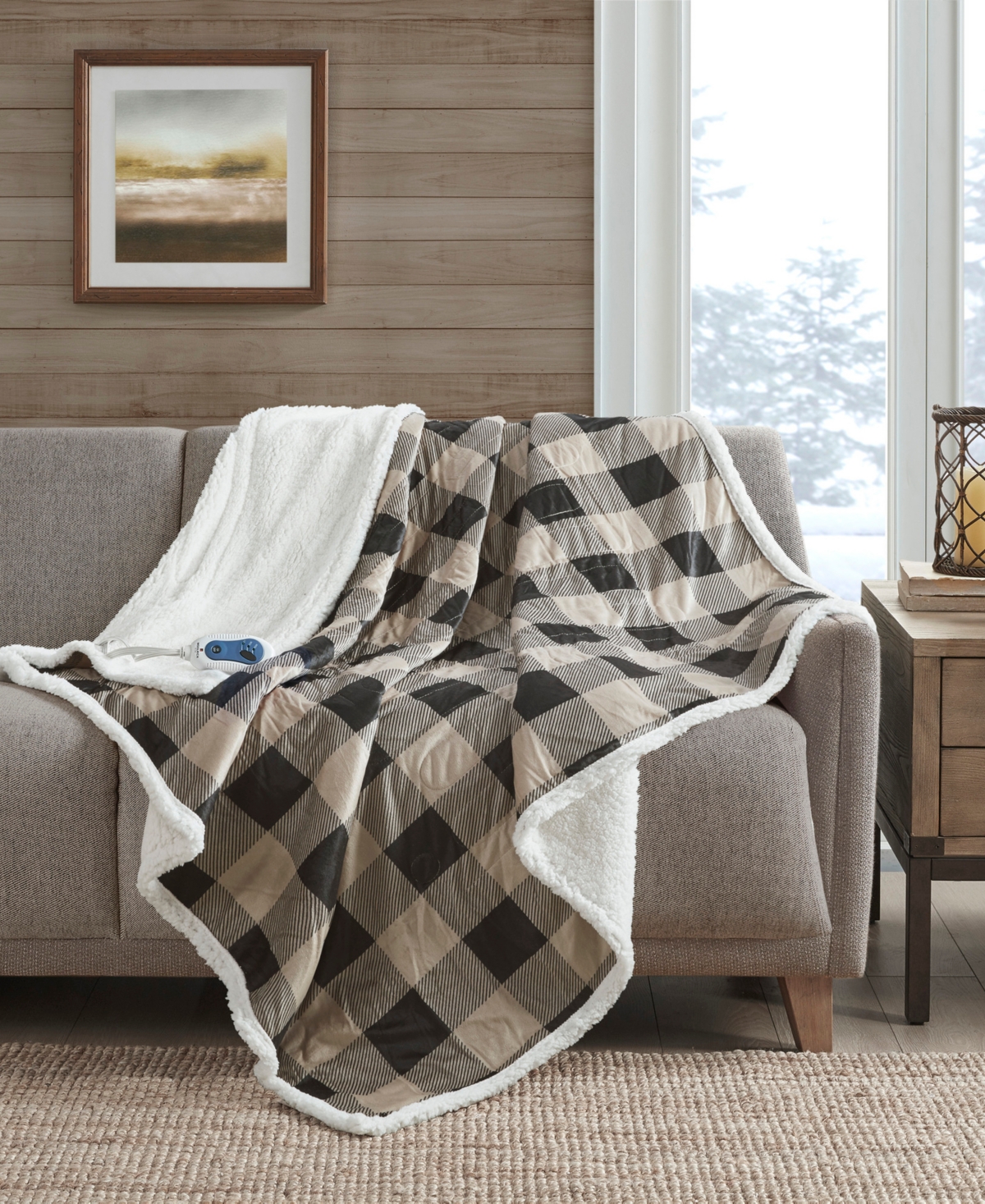 Woolrich Linden Buffalo-check Electric Faux-mink To Berber Throw, 70" X 60" In Tan