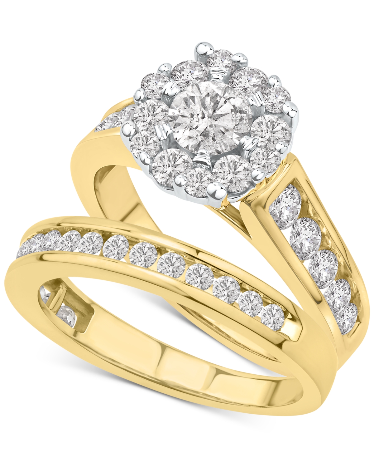 Macy's Diamond Halo Channel-set Bridal Set (2 Ct. T.w.) In 14k Two-tone Gold In Yellow  White Gold