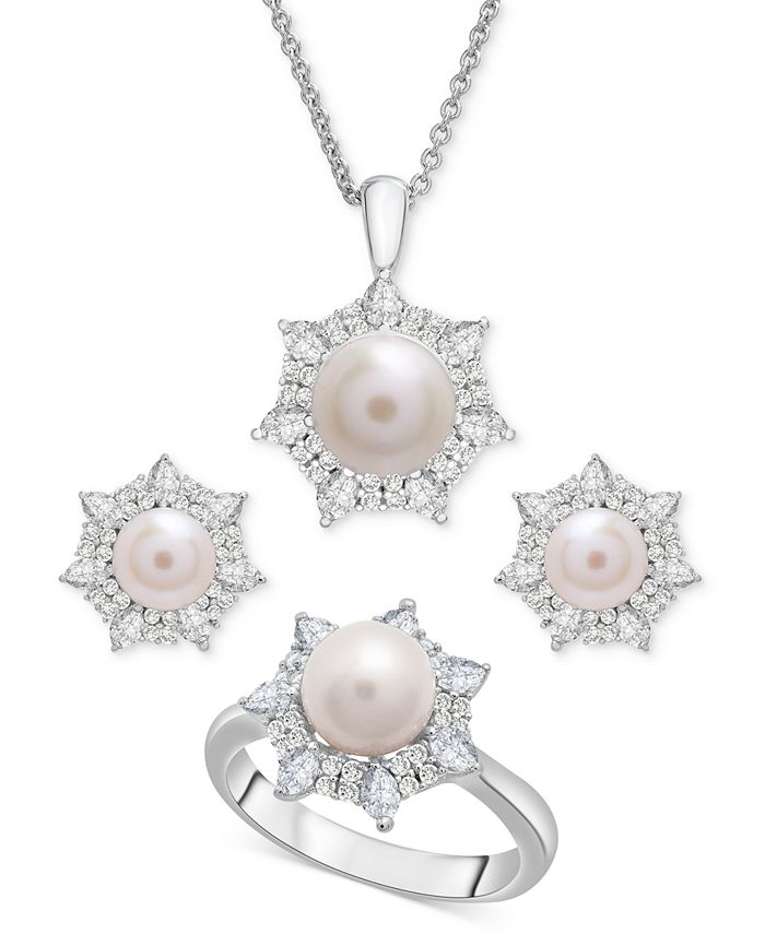 Macy's - Cultured Freshwater Pearl & Lab-Created White Sapphire Flower Necklace, Ring, & Earrings Collection