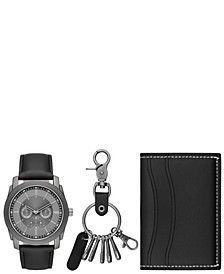 Men's Black Leather Watch Gift Set, 45mm