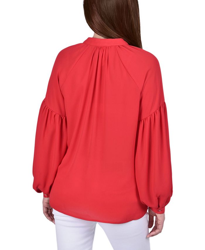 Red 3/4 Roll Tab Sleeve Mandarin Collar Blouse - Petite