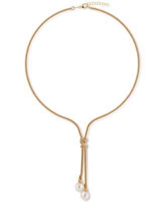 Cultured Freshwater Pearl (8mm) & Cubic Zirconia Lariat Necklace in 14k Gold-Plated Sterling Silver, 17" + 1" extender