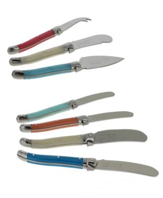 Laguiole Coral and Turquoise Cheese Knife and Spreader Set, 7 Piece.