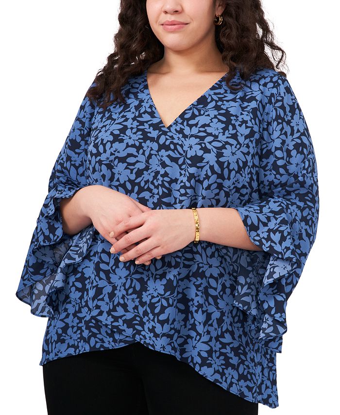 Vince Camuto Plus Size FloralPrint FlutterSleeve VNeck Tunic Top