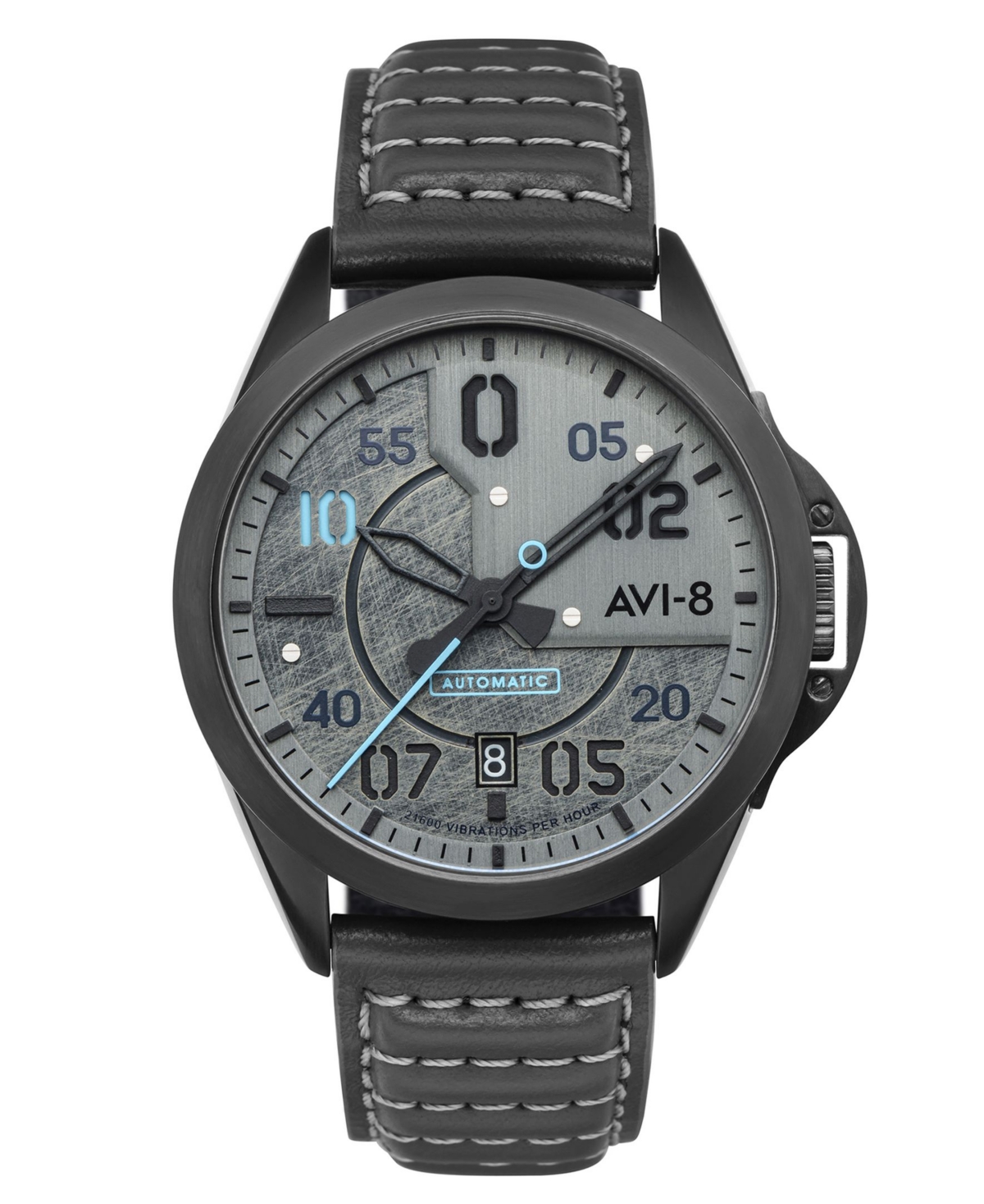 Avi-8 Men's P-51 Mustang Hitchcock Automatic Sands Point Gray Genuine Leather Strap Watch 43mm