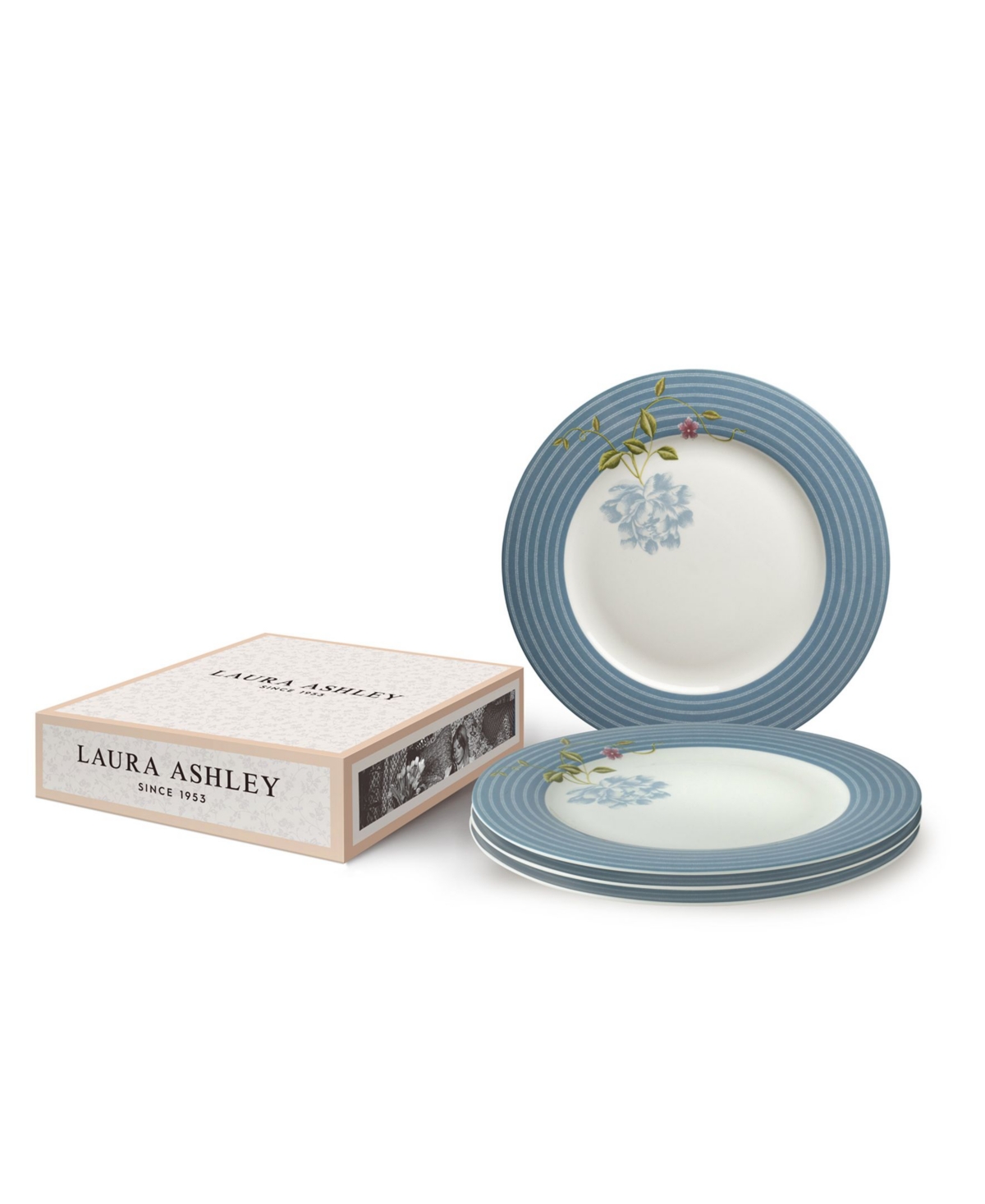 Closeout! Laura Ashley Heritage Collectables Seaspray Candy Plates in Gift Box, Set of 4 - White with Blue Stripes
