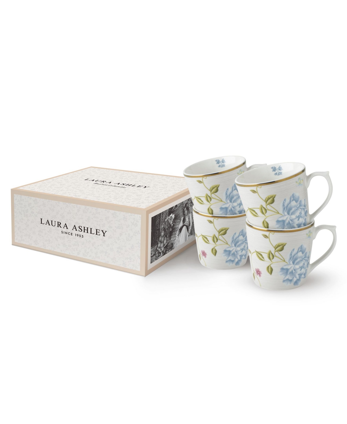 Closeout! Laura Ashley Heritage Collectables 10 Oz Cobblestone Pinstripe Mugs in Gift Box, Set of 4 - White with Beige