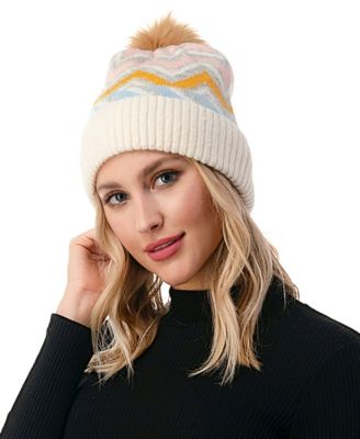 Women's Chevron Faux Fur Pom Cuff Beanie