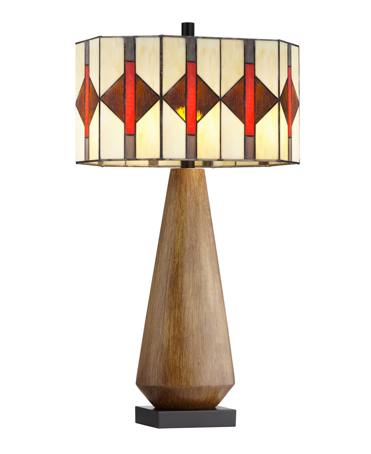 Faux Wood Table Lamp with Art Glass