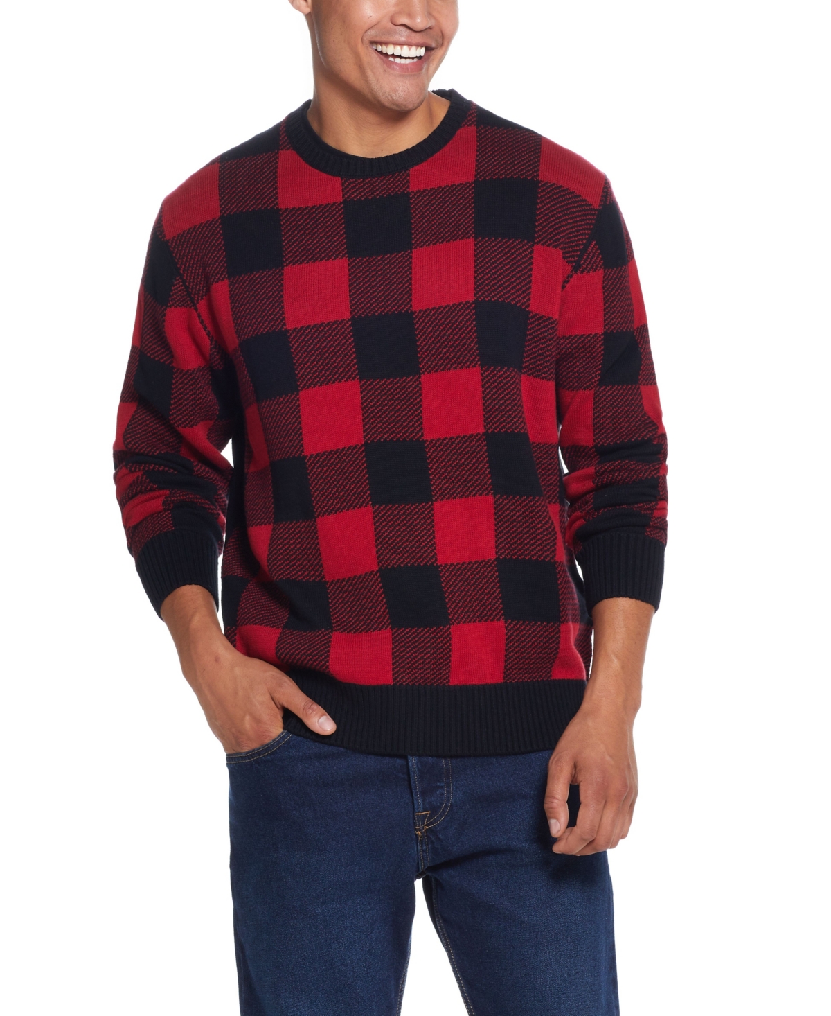 Men's Plaid Crew Neck Sweater - Red