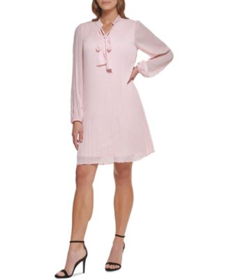 dkny long sleeve tie neck pleated shift dress