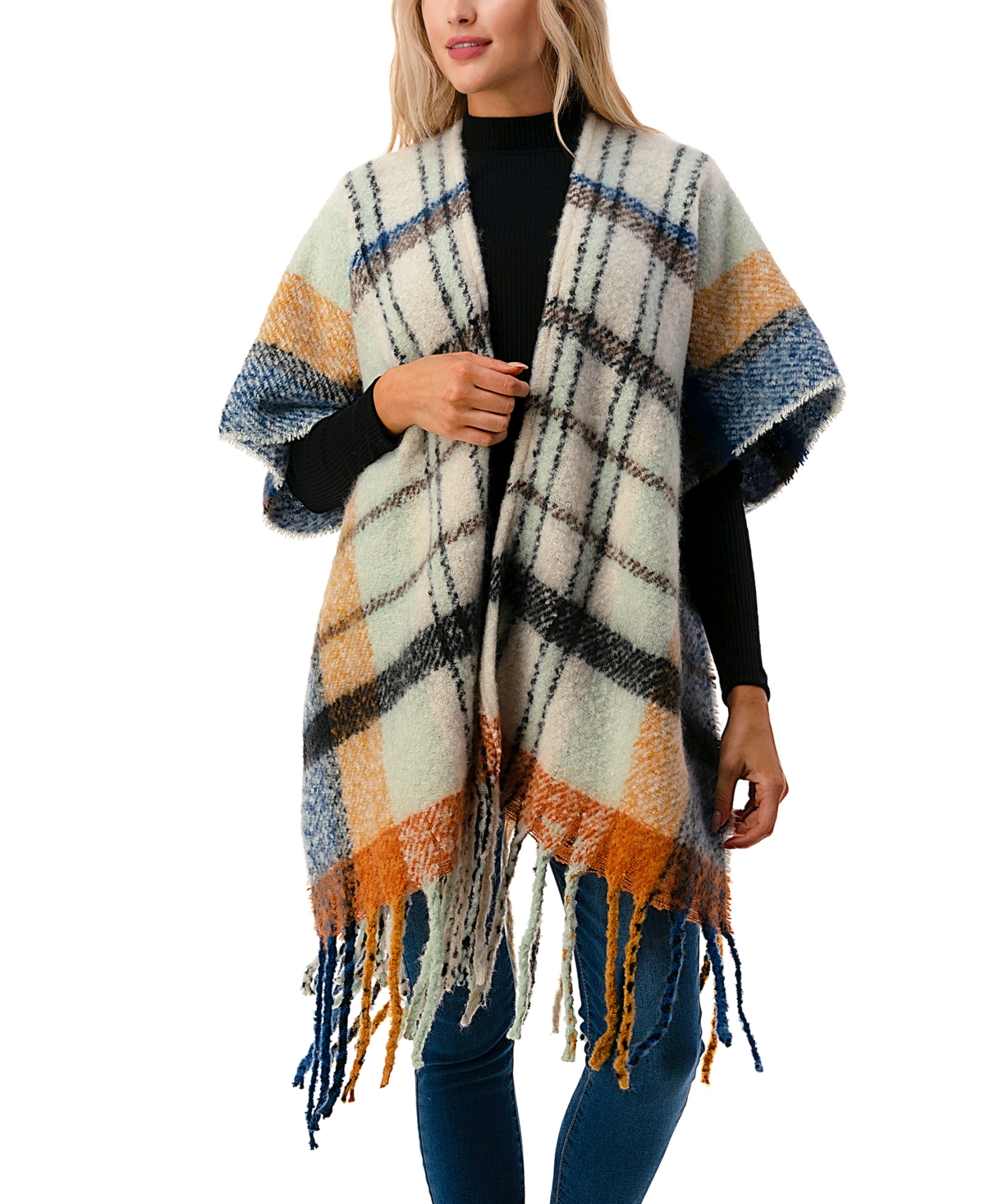 Marcus Adler Women's Open-front Plaid Fringe-trim Cape Sweater In Ivory