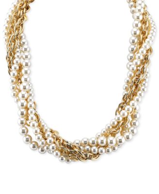 2028 - Gold-Tone Faux Pearl and Chain Torsade Necklace