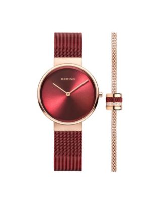 Bering Rose Gold Mesh Crystal Accent Watch Bering Polished Rose Gold Tone Case Brown Mesh Band Women main image 3