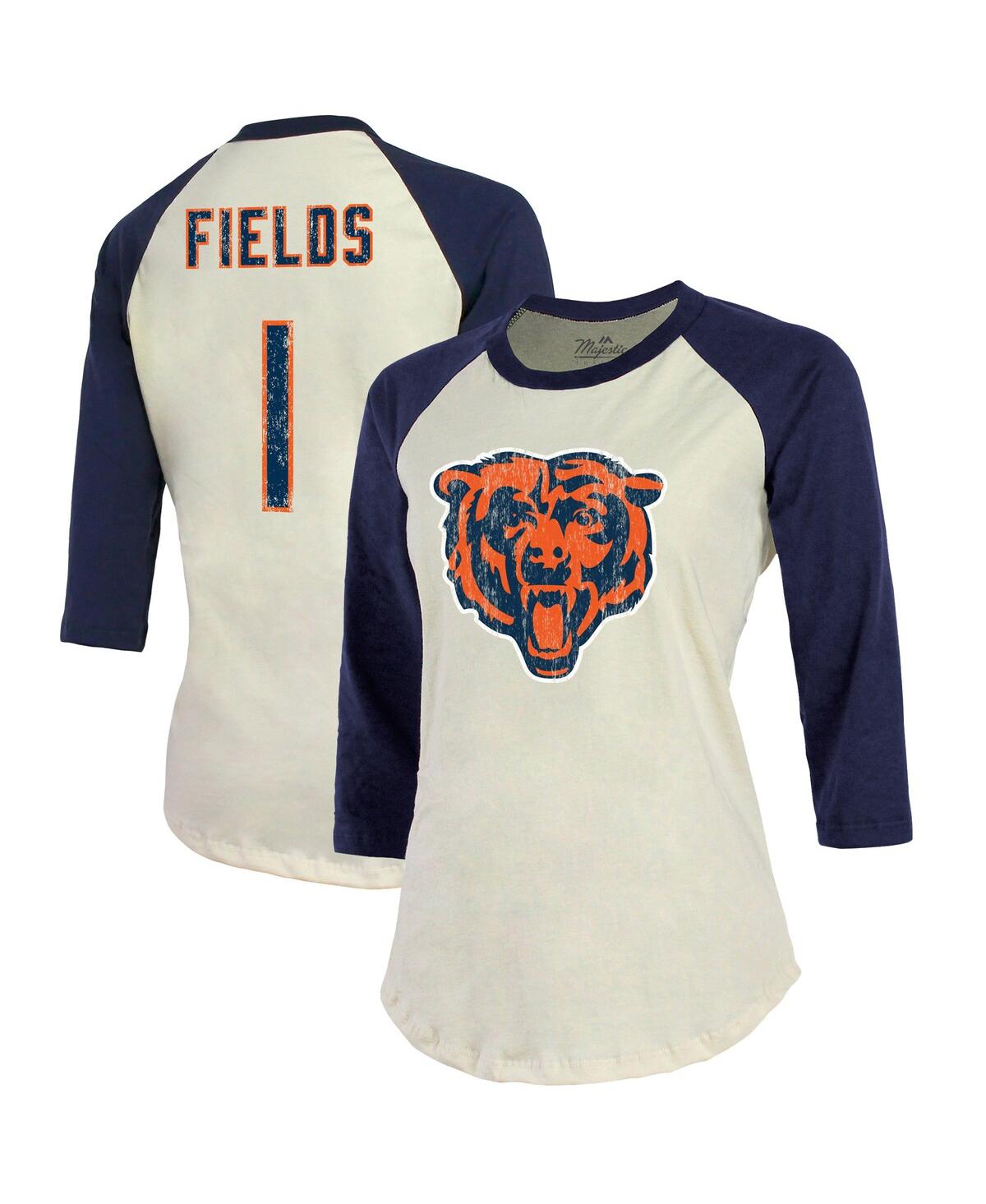 Women's Justin Fields Cream and Navy Chicago Bears Player Name Number Raglan 3 and 4-Sleeve T-Shirt - Cream, Navy