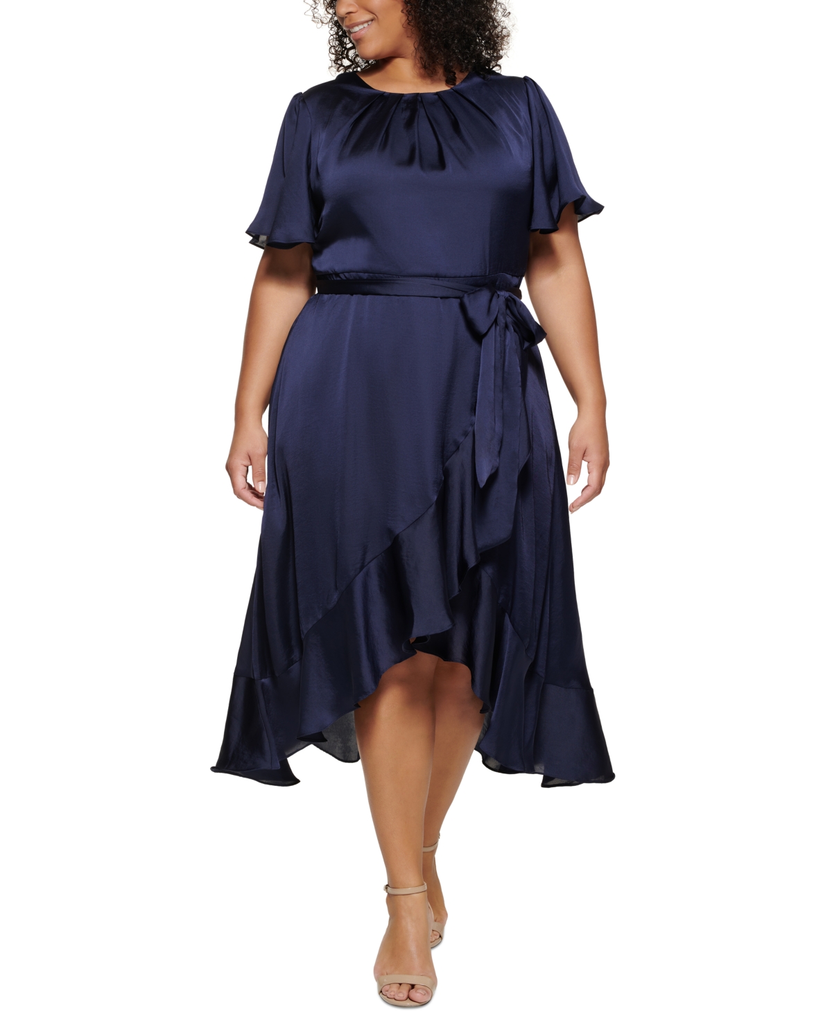 Jessica Howard Plus Size Flutter-sleeve Midi Dress In Navy