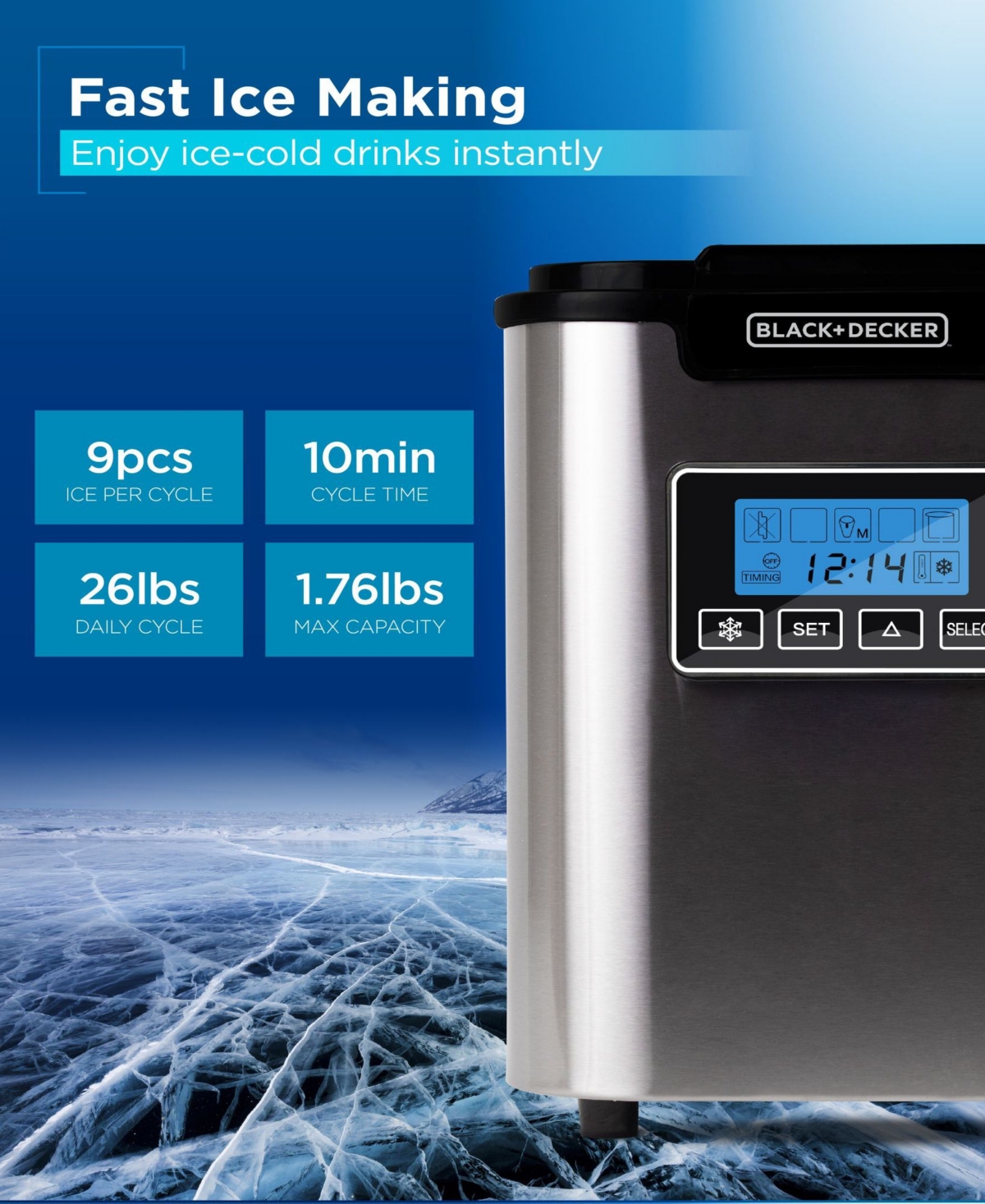 Black & Decker 26 lb. Capacity Stainless Steel Ice Maker, 2.2L (0.58 gallons) water reservoir