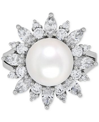 Macy's Cultured Freshwater Pearl (10mm) & Cubic Zirconia Flower Ring in ...