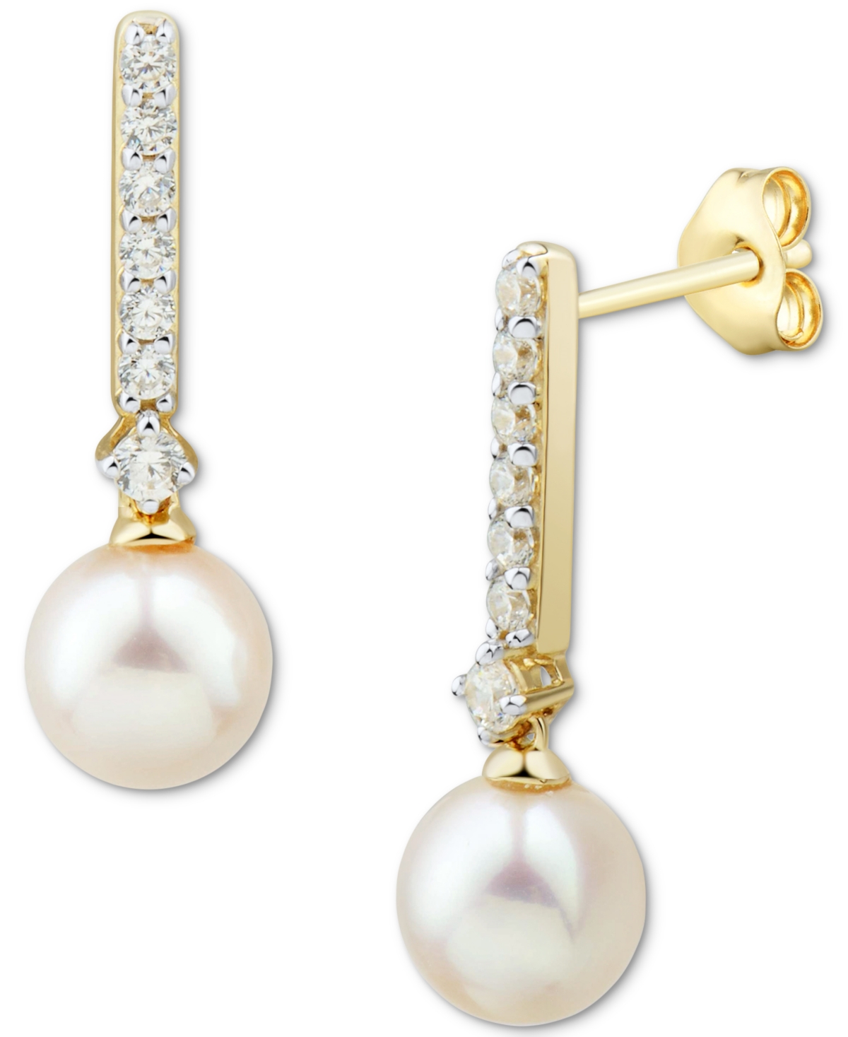 Cultured Freshwater Pearl (6mm) & Diamond (1/5 ct. t.w.) Drop Earrings in 14k Yellow Gold (Also in White Gold) - Yellow Gold