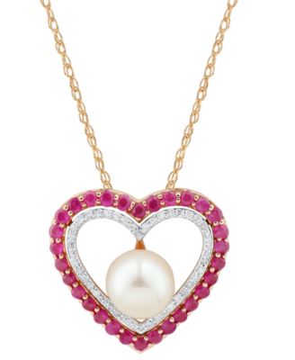 Honora - Cultured Freshwater Pearl (7mm), Ruby (5/8 ct. t.w.) & Diamond (1/10 ct. t.w.) Heart 18" Pendant Necklace in 14k Gold