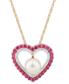 Cultured Freshwater Pearl (7mm), Ruby (5/8 ct. t.w.) & Diamond (1/10 ct. t.w.) Heart 18" Pendant Necklace in 14k Gold