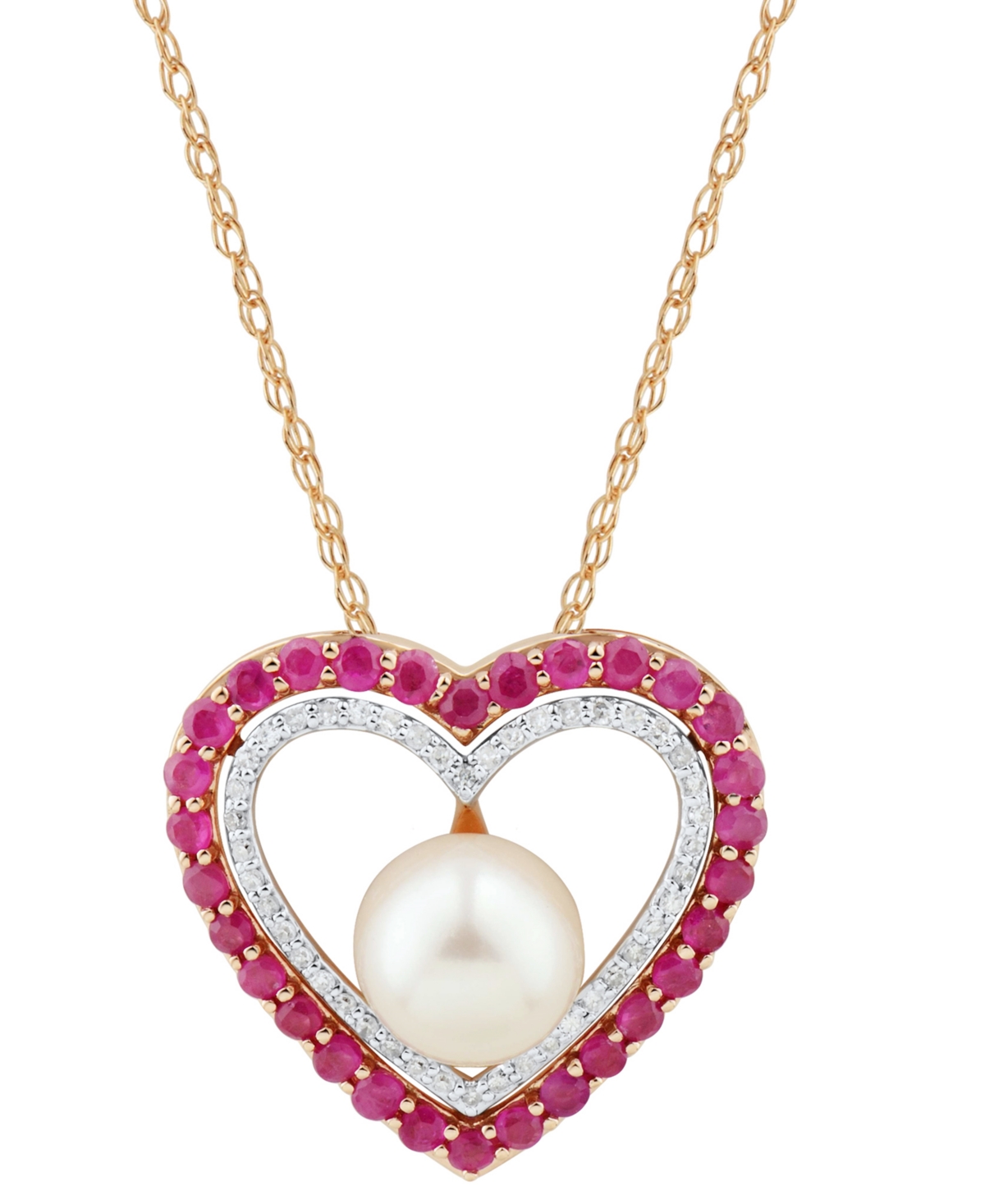 Honora Cultured Freshwater Pearl (7mm), Ruby (5/8 ct. t.w.) & Diamond (1/10 ct. t.w.) Heart 18" Pendant Necklace in 14k Gold