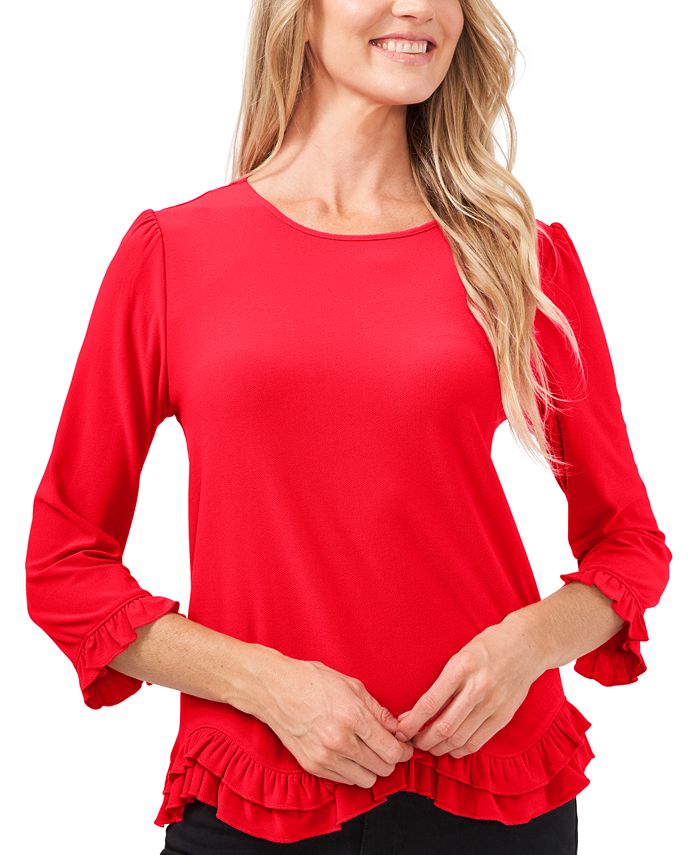 CeCe Women s 3 4 Sleeve Ruffle Hem Crew Neck Knit Top Macy s