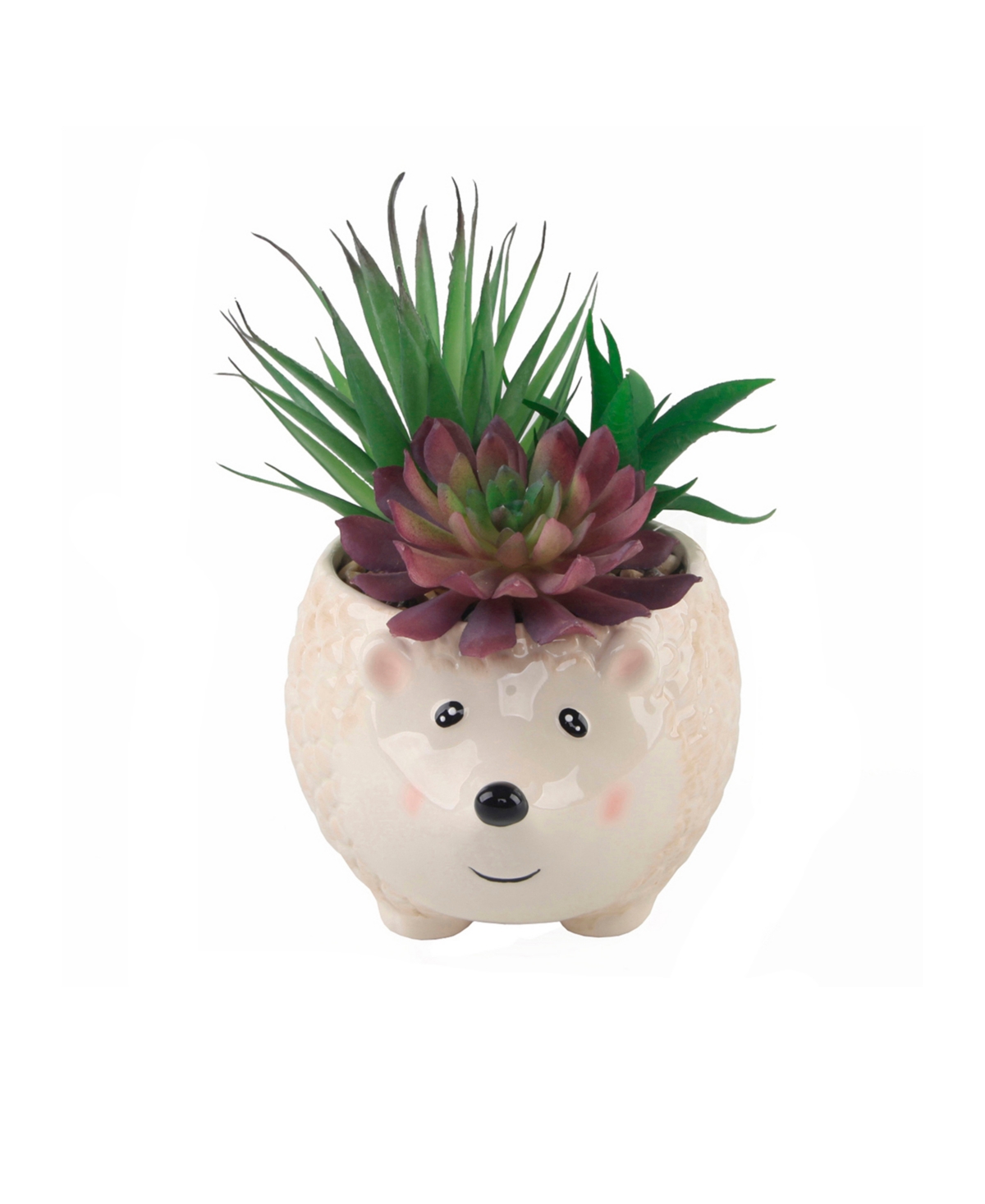 8" Artificial Succulent in 6" Large Hedgehog Ceramic Planter - White, Green-Succulent