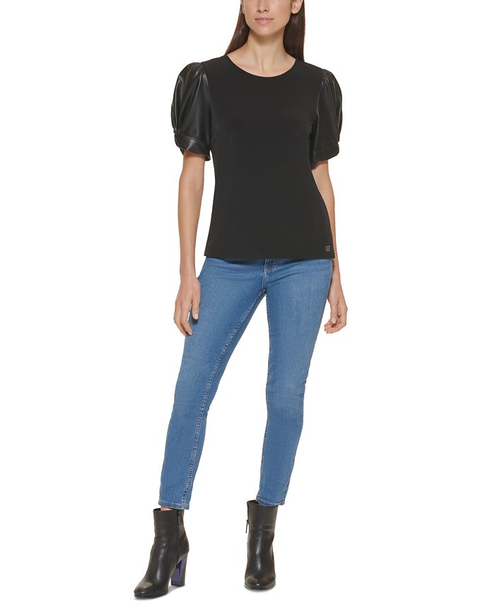 Calvin Klein Faux Leather Puff Sleeve Top Macy's