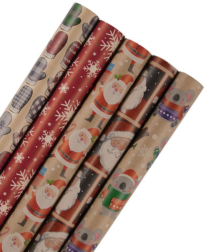 Jam Paper Assorted Gift Wrap - Christmas Kraft Wrapping Paper - 125 Sq ft Total - Kids Kraft Christmas Set - 5 Rolls/Pack