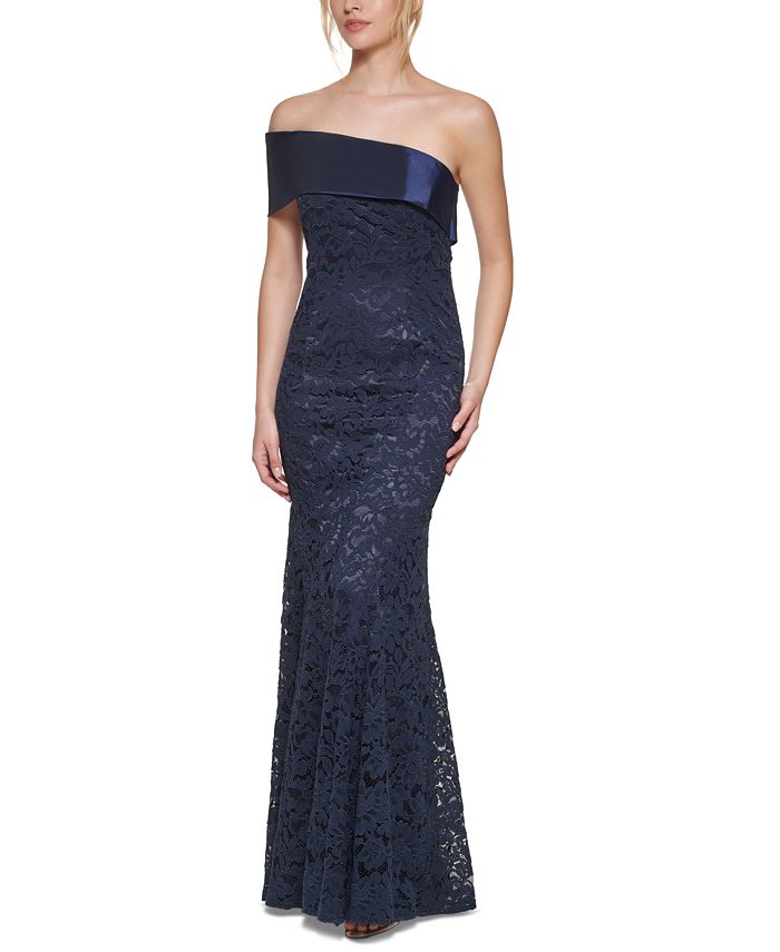 Eliza J Off-The-Shoulder Lace-Contrast Mermaid Gown - Macy's