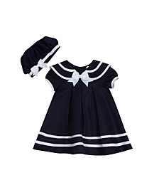 Baby Girls Nautical Dress with Sailor Collar, Panty and Hat, 3 Piece Set