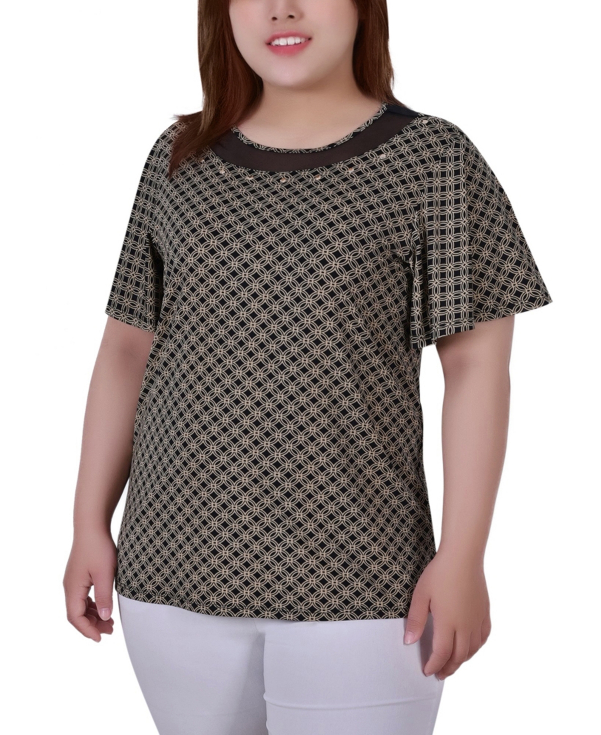 Plus Size Short Sleeve Knit Top with Sheer Inset - Black, Oxford Tan