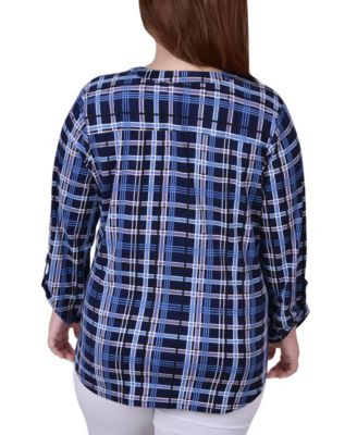 Plus Size Long Sleeve Roll Tab Sleeve Plaid Y-Neck Top