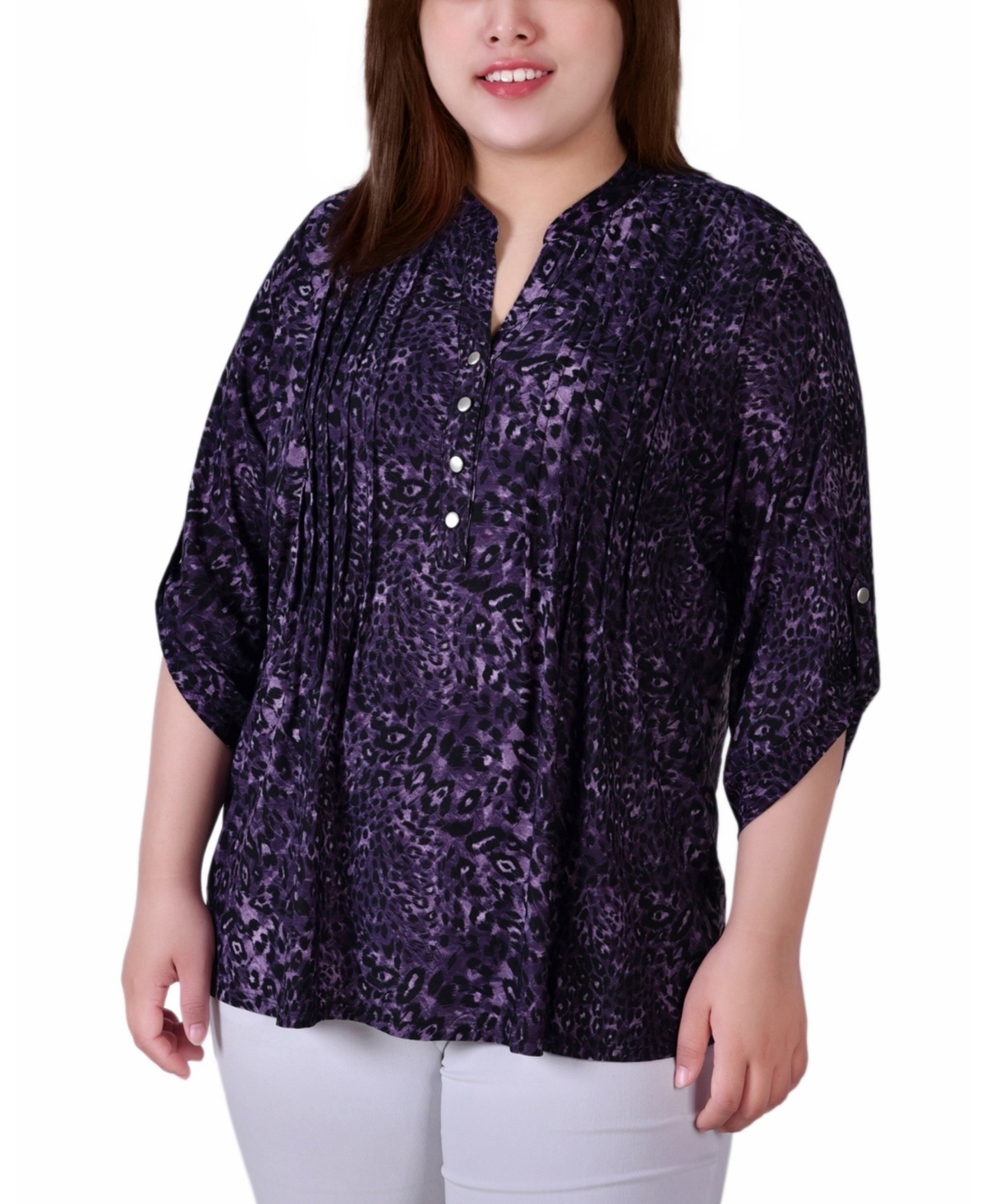 Plus Size 3/4 Roll Tab Sleeve Y-Neck Top - Purple Tie Dye
