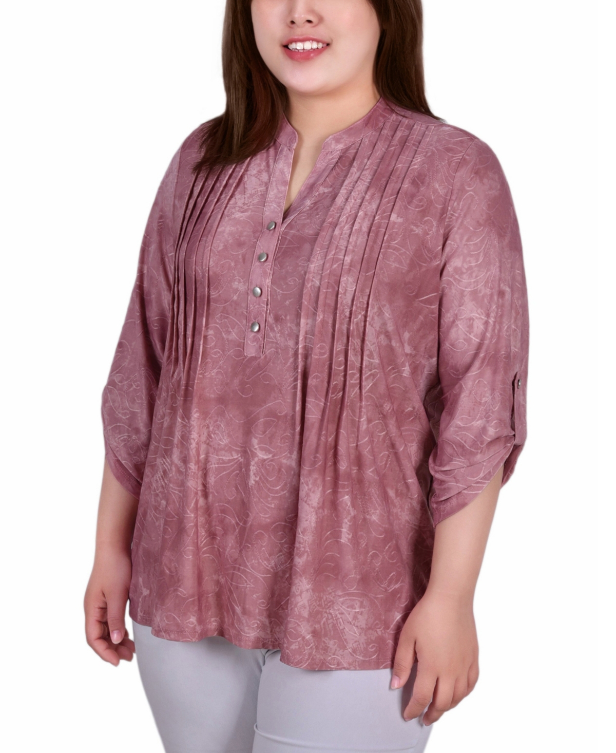 Plus Size 3/4 Roll Tab Sleeve Y-Neck Top - Purple Tie Dye