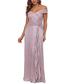 Plus Size Metallic Pleated Off-The-Shoulder Gown