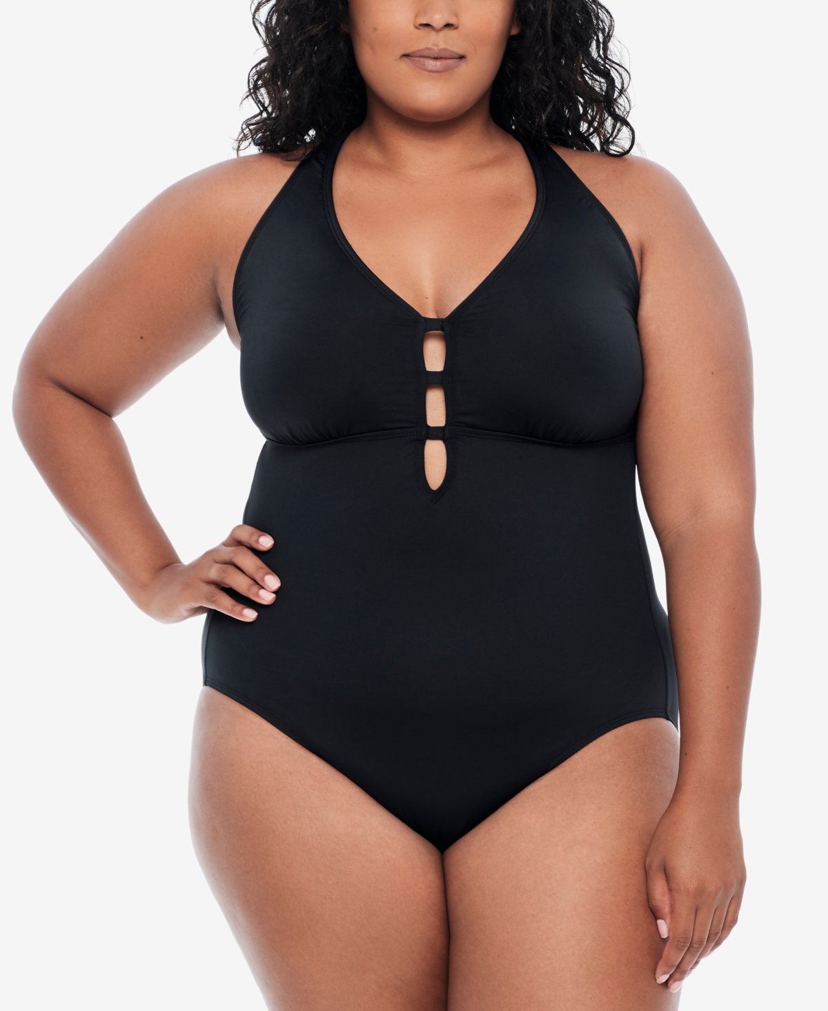 Plus Size Tummy-Control Shaping Plunge One-Piece Swimsuit - Black