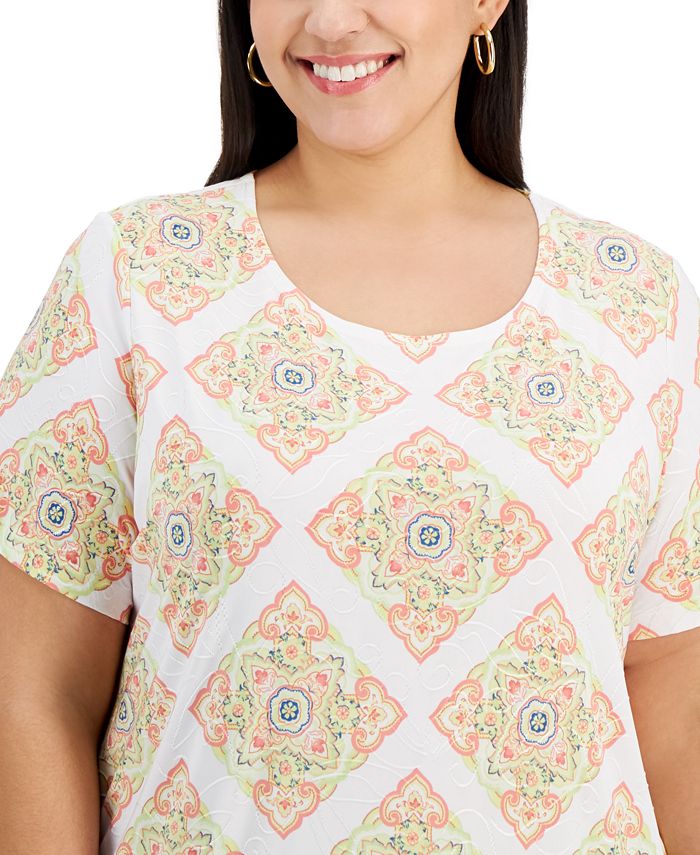 Jm Collection Womens Printed Scoop Neck Top White Size Medium